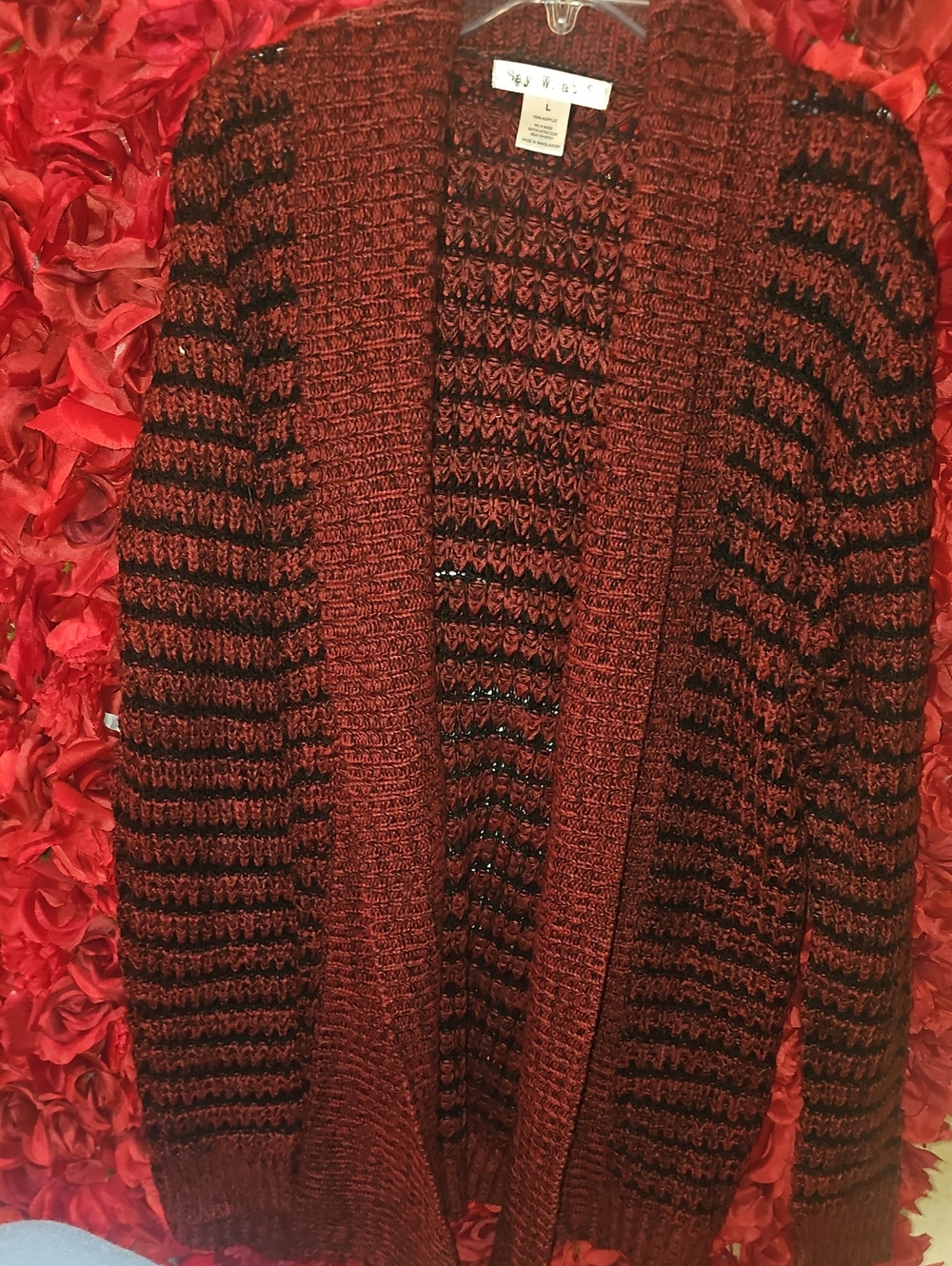 Say What? Maroon & Black Chunky Knit Open Front Cardigan Size Large